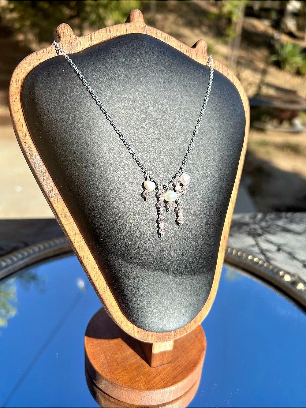 925 Sterling Silver necklace with dangling pink glass stones and fresh water pea